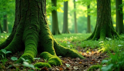 Moss-covered tree trunks in a serene woodland glade, verdant, green trees