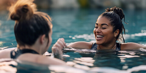 Friends enjoying a sunny day at the swimming pool