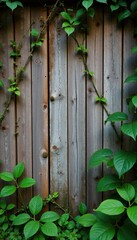 Obraz premium Weathered wooden wall with moss and lichen growing on it, climbing plants, vines, wooden walls
