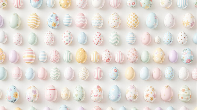 Ovos de P&aacute;scoa decorados com padr&otilde;es coloridos e delicados em tons pastel, organizados em fundo claro, ideal para temas de celebra&ccedil;&atilde;o e design festivo.