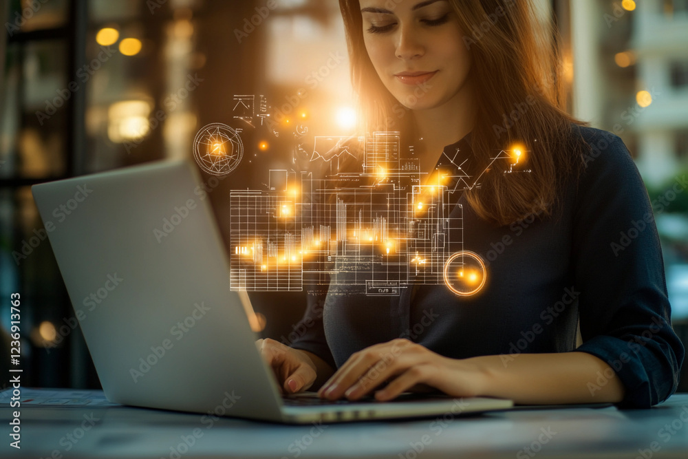 Poster woman working on laptop with data visualization elements