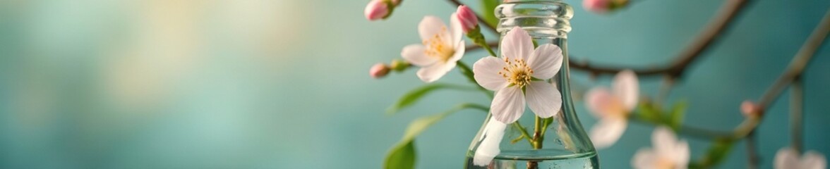 Delicate flower blooms on a clear glass bottle, spring, bottle