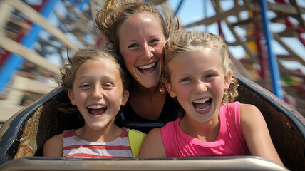 A woman and two girls are riding a roller coaster