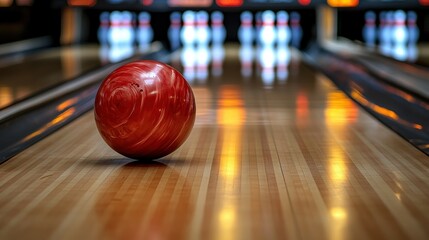 Red bowling ball on bowling lane with pins in background