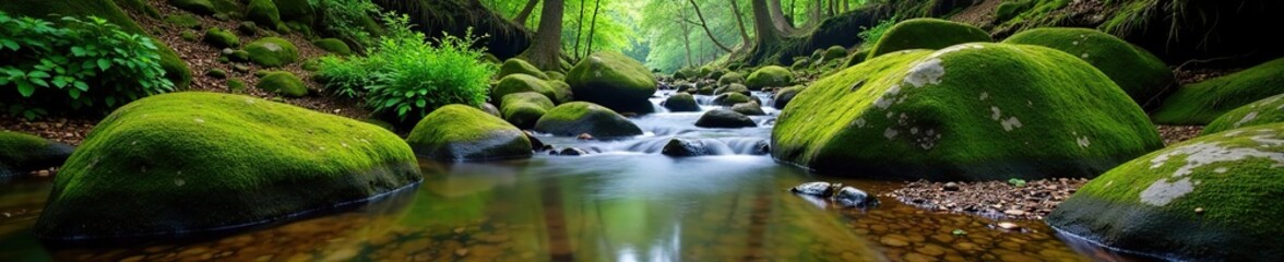 Fototapeta premium Moss-covered boulders surround a glassy stream, forest water, calmness