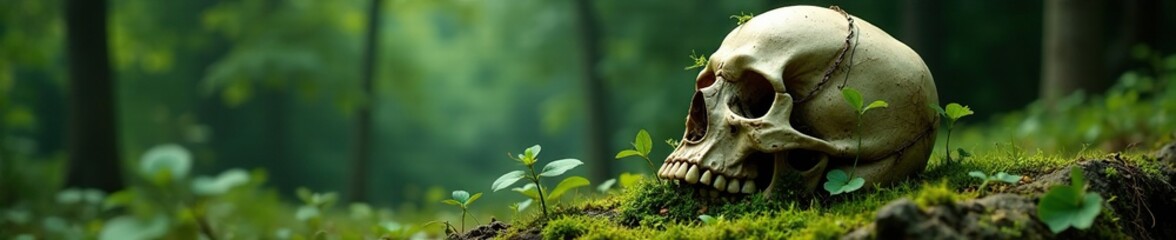 Fototapeta premium Spine-worn skull with vines and moss growing from its cracks, greenery, overgrown landscape