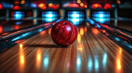 Red bowling ball on lane at night bowling alley with pins in background