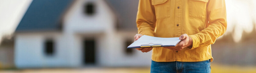 person holding clipboard stands in front of house, wearing yellow shirt