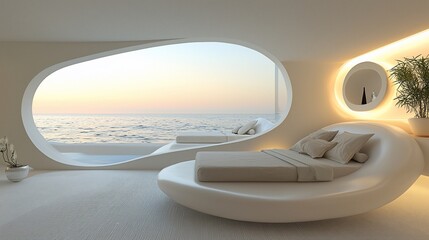 Futuristic bedroom with ocean view, oval window, and organic bed design.