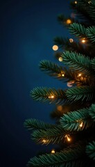 Glowing fir tree branches against a dark blue background with fairy lights, background, illuminated, fairy lights