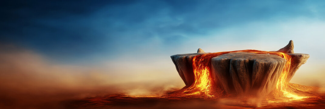 Majestic Lava Podium on Floating Rock - A majestic podium of stone, seemingly floating, with fiery lava cascading down its sides. Symbolizing power, creation, destruction, transformation, and enduranc