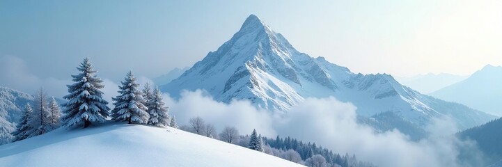 Obraz premium Snowy mountain peak with misty atmosphere and bare trees, alpine, rugged, mist