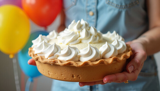 A person holding a whipped cream pie, seemingly preparing to throw it at someone in a playful joke.
