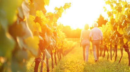 Romantic stroll through vineyard at sunset - peaceful couple walking in nature