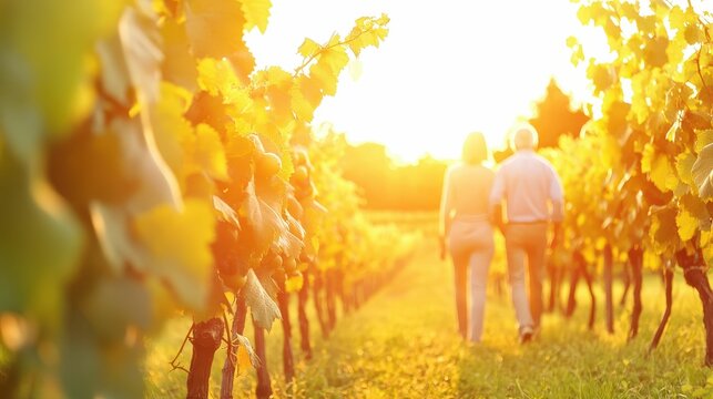 Romantic stroll through vineyard at sunset - peaceful couple walking in nature - Powered by Adobe