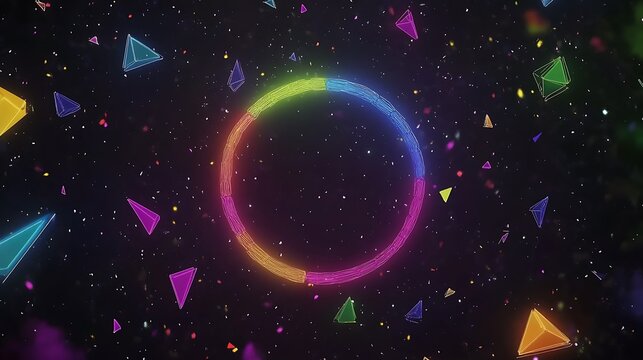 Neon Rainbow Circle Amidst Floating Geometric Shapes