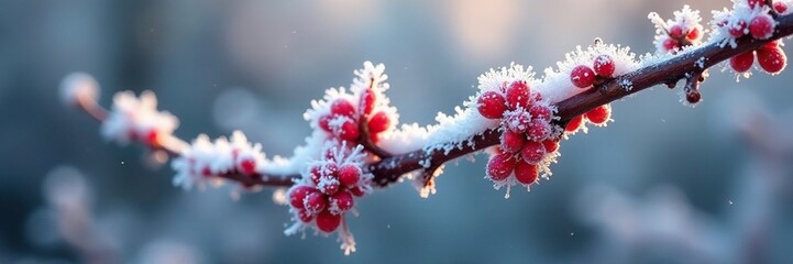Thick hoarfrost covering Aronia shrub in late autumn, frostbite, branch