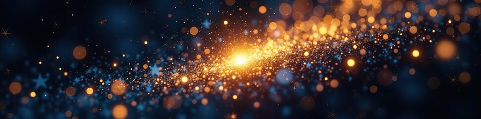Stellar explosion with gold and silver glittering specks, black, sparkle, blue