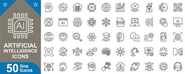 Artificial intelligence icons set. Featuring machine learning, neural networks, robotics, automation, and technology symbols and more Use. High quality vector illustration.