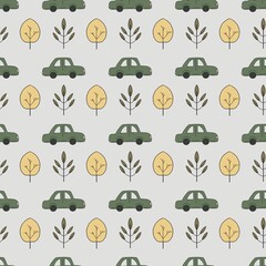 Naklejka premium Seamless watercolor pattern featuring playful cars and trees for baby textiles