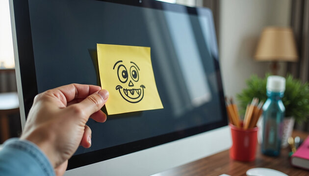 A hand placing a sticky note with a laughing face on a computer screen, a classic office prank for April Fools' Day.