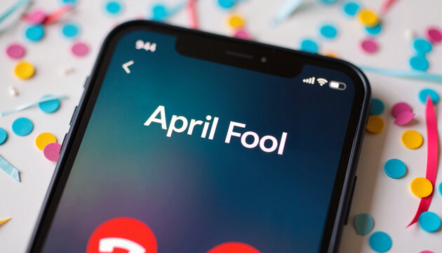 A smartphone displaying an "April Fool" prank phone call notification, symbolizing classic April Fools' Day tricks.