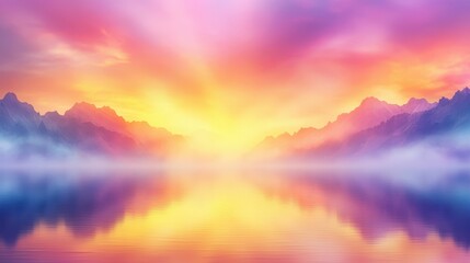 Serene sunset over tranquil lake with misty mountains and vibrant colors for nature background