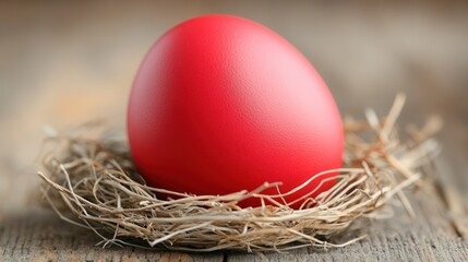 Obraz premium Red Easter egg in a nest on rustic wood