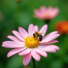 Obraz premium A single bee sips nectar from a colorful flower, flowers, nature