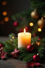 A fragrant pine scent wafts from a lit candle amidst festive holiday decorations, pine, festive