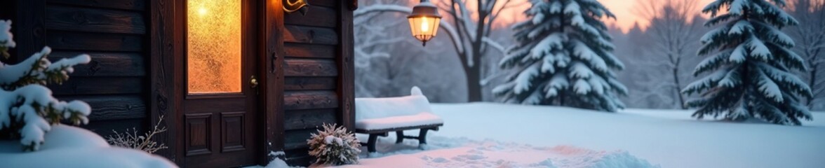 Dark hardwood door with frosted glass pane in snowy winter scene, snowy landscape, wood, frost