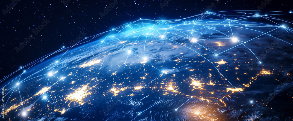 Poster High-tech global network with glowing lines connecting continents over a night view of Earth, symbolizing the digital transformation, global communication, and interconnected world.