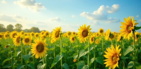 Sunflower fields with tall stalks swaying in breeze, green, sunflowers