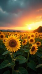 Obraz premium Sunflower field at dusk with a serene atmosphere, peaceful, calm, dusk
