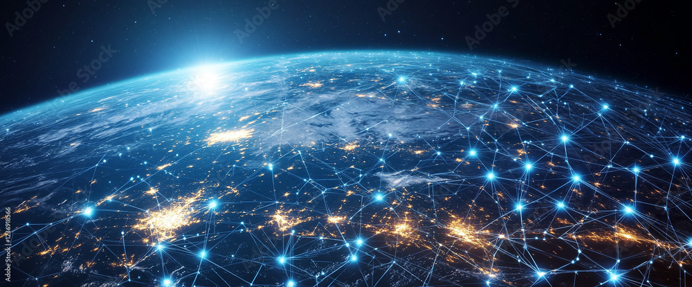 Poster planet earth with digital network connections glowing in blue and orange, showcasing the concept of 