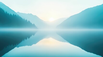 calm lake surrounded by mist-covered mountains at dawn, peaceful and atmospheric landscape, soft natural light,