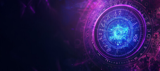 Astrology Banner Design Featuring Glowing Zodiac Icons on Cosmic Purple and Blue Background