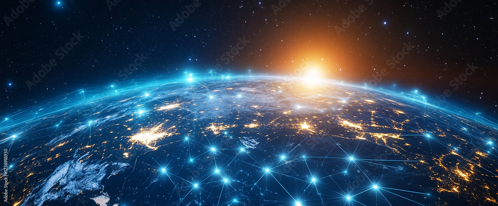Poster earth viewed from space with glowing network connections, symbolizing global communication, data tra
