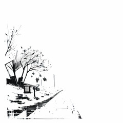roadside with scrubs, garbage and snow sketch decoration border vector 