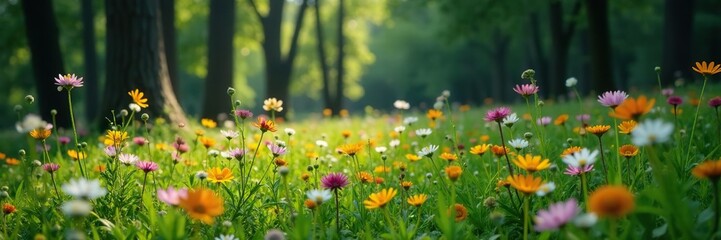 Obraz premium Wildflowers swaying in the meadow amidst dense Black Forest trees, black forest, forest floor