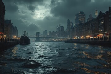 Naklejka premium a dark city street with a boat on the water