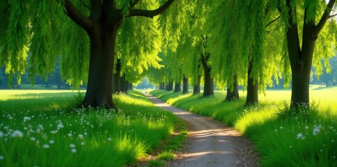 Footpath winding through lush willow tree growth, summer, greenery