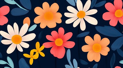 Obraz premium colorful floral pattern featuring various flowers in shades of orange, red, white, and yellow, set against a dark blue background with blue and teal leaves.