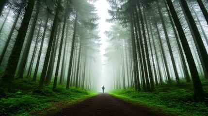 Fototapeta premium Mystical forest pathway with lone wanderer embracing nature's serenity and beginnings