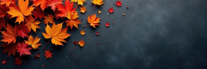 Obraz premium Amber foliage scattered across a dark gray canvas, colors of autumn, dark gray