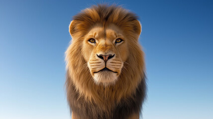 Obraz premium Majestic Lion Portrait: A regal male lion, with a magnificent dark mane, stares directly at the camera against a vibrant blue sky. The image evokes power, strength, and the untamed beauty of nature.
