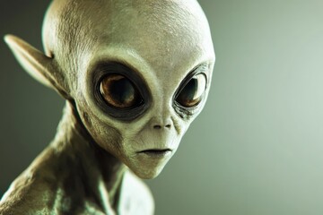 Extraterrestrial being with large eyes and elongated features in a dimly lit setting
