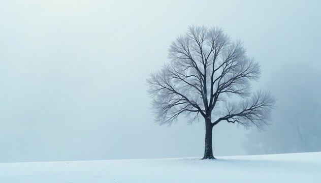 A delicate bare fir tree stood under an icy grey frosty sky, tree, delicate, palpable