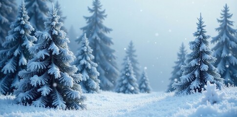Obraz premium Frosty trees with snowflakes gently falling all around, winter wonderland, serene