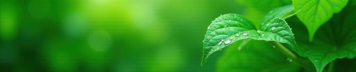 Fototapeta premium Glistening droplets on leaves as water falls from above, leaf, nature, greenery